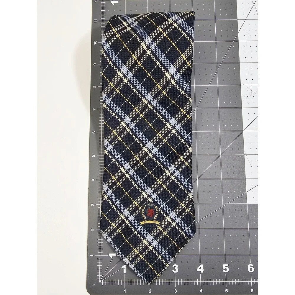 Tommy Hilfiger Silk Woven Plaid Vintage Tie Logo Blue Yellow Classic